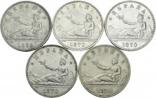 Serie de 5 monedas de 2 pesetas de Gobierno Provisional, 1869*18-69, 1870*18-70, 1870*18-73, 1870*18-74, 1870*18-75. A EXAMINAR. MBC+/EBC-. Est...400,...