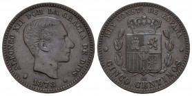 Alfonso XII (1874-1885). 5 céntimos. 1878. Barcelona. OM. (Cal-72). Ag. 4,89 g. MBC+. Est...30,00.