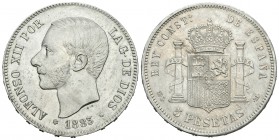 Alfonso XII (1874-1885). 5 pesetas. 1883*18-8_. Madrid. MSM. (Cal-37). Ag. 24,95 g. Brillo original. EBC+. Est...200,00.