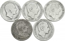Alfonso XII (1874-1885). 10 centavos. Manila. Ag. Serie completa de 5 monedas salvo el año 1880. Una de ellas con agujero tapado. A EXAMINAR. BC-/BC+....