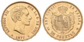 Alfonso XII (1874-1885). 25 pesetas. 1877*18-77. Madrid. DEM. (Cal-3). Au. 8,03 g. EBC-. Est...240,00.