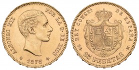 Alfonso XII (1874-1885). 25 pesetas. 1878*18-78. Madrid. DEM. (Cal-4). Au. 8,07 g. Leves rayas en reverso. EBC+. Est...260,00.