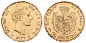 Alfonso XII (1874-1885). 25 pesetas. 1878*18-78. Madrid. EMM. (Cal-6). Au. 8,04 g. Golpes en el canto. EBC. Est...240,00.