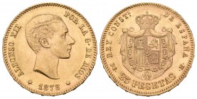 Alfonso XII (1874-1885). 25 pesetas. 1878*18- /. Madrid. DEM. (Cal-5). Au. 8,05 g. Segunda estrella anepígrafa. EBC. Est...260,00.