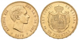 Alfonso XII (1874-1885). 25 pesetas. 1879*18-79. Madrid. EMM. (Cal-9). Au. 8,05 g. MBC+. Est...220,00.