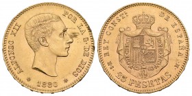 Alfonso XII (1874-1885). 25 pesetas. 1880*18-80. Madrid. MSM. (Cal-10). Au. 8,07 g. Golpecitos en el canto y roces en anverso. EBC+. Est...240,00.