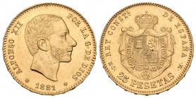 Alfonso XII (1874-1885). 25 pesetas. 1881*18-81. Madrid. MSM. (Cal-14). Au. 8,07 g. Brillo original. EBC+. Est...260,00.