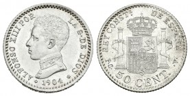 Alfonso XIII (1886-1931). 50 céntimos. 1904*1-0. Madrid. PCV. (Cal-62). Ag. 2,52 g. Brillo original. SC-. Est...18,00.