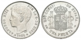 Alfonso XIII (1886-1931). 1 peseta. 1901*19-01. Madrid. SMV. (Cal-45). Ag. 4,97 g. Brillo original. SC-. Est...90,00.