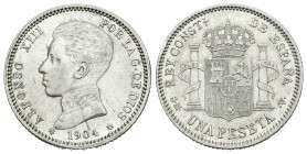 Alfonso XIII (1886-1931). 1 peseta. 1904*19-04. Madrid. SMV. (Cal-50). Ag. 4,98 g. MBC+. Est...40,00.
