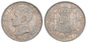Alfonso XIII (1886-1931). 1 peseta. 1905*19-05. Madrid. SMV. (Cal-51). Ag. 5,01 g. Pátina. MBC+. Est...90,00.