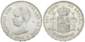 Alfonso XIII (1886-1931). 5 pesetas. 1888*18-88. Madrid. MPM. (Cal-13). Ag. 24,98 g. Restos de brillo original. EBC+. Est...150,00.