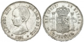 Alfonso XIII (1886-1931). 5 pesetas. 1891*18-91. Madrid. PGM. (Cal-17). Ag. 25,00 g. Marcas. EBC-. Est...50,00.