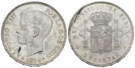 Alfonso XIII (1886-1931). 5 pesetas. 1898*18-98. Madrid. SGV. 24,82 g. Pequeña oxidación en anverso. Brillo original. EBC/EBC+. Est...60,00.