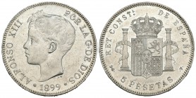 Alfonso XIII (1886-1931). 5 pesetas. 1899*18-99. Madrid. SGV. (Cal-28). Ag. 25,18 g. Rayitas. Brillo original. EBC+. Est...80,00.