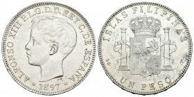Alfonso XII (1874-1885). 1 peso. 1897. Manila. SGV. (Cal-81). Ag. 24,82 g. Limpiada, pero buen ejemplar. EBC. Est...75,00.