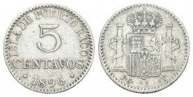 Alfonso XIII (1886-1931). 5 centavos. 1896. Puerto Rico. PGV. (Cal-86). Ag. 1,19 g. MBC. Est...60,00.