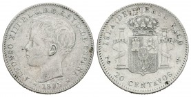 Alfonso XIII (1886-1931). 20 centavos. 1895. Puerto Rico. PGV. (Cal-84). Ag. 5,02 g. MBC+. Est...100,00.