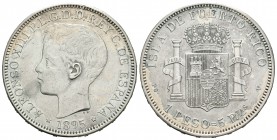 Alfonso XIII (1886-1931). 1 peso. 1895. Puerto Rico. PGV. (Cal-82). Ag. 24,99 g. Golpecito en el canto. Rara . EBC-. Est...650,00.
