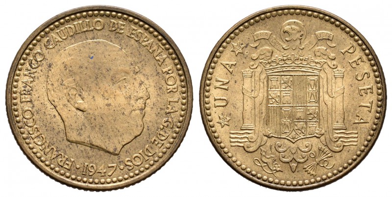 Estado español (1936-1975). 1 peseta. 1947*19-49. Madrid. (Cal-77). 3,43 g. SC. ...