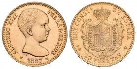 Estado español (1936-1975). 20 pesetas. 1887*19-62. Madrid. PGV. (Cal-6). Au. 6,45 g. Reacuñación oficial. SC. Est...240,00.