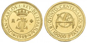 Juan Carlos I (1975-2014). 10.000 pesetas. 1989. Madrid. Au. 3,36 g. V Centenario. En su estuche oficial y con su certificado de autenticidad. PROOF. ...