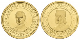 Juan Carlos I (1975-2014). 20.000 pesetas. 1989. Madrid. Au. 6,74 g. V Centenario. En su estuche oficial y con su certificado de autenticidad. PROOF. ...