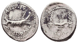 Marc Antony Legionary AR Denarius. Military mint moving with Antony, autumn 32 - spring 31 BC. ANT•AVG III•VIR•R•P•C, praetorian galley to right / Aqu...