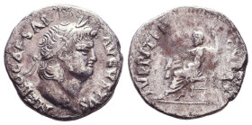 Nero. A.D. 54-68. AR denarius. Rome mint, struck A.D. 66-67. NERO CAESAR AVGVSTVS, laureate head right / IVPPITER CVSTOS, Jupiter seated left, holding...