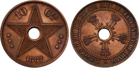 Belgian Congo - Leopold II (1865-1909), Copper essai 10 Centimes 1887 (Copper, 20.25 gr, 35 mm). Dupriez 35. Extremely Fine.