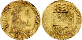 Belgium - Flanders - Philip II (1555-1598), 1/2 Real ND (1560-1567) (Bruges mint) (Gold, 3.49 gr, 25 mm). Vanhoudt 263. Extremely Fine.