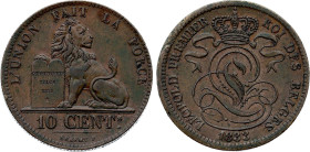 Belgium - Leopold I (1831-1865), 10 Centimes 1833 (Brussels mint) (Copper, 19.93 gr, 32 mm). Bogaert 43A, KM 2. Extremely Fine.