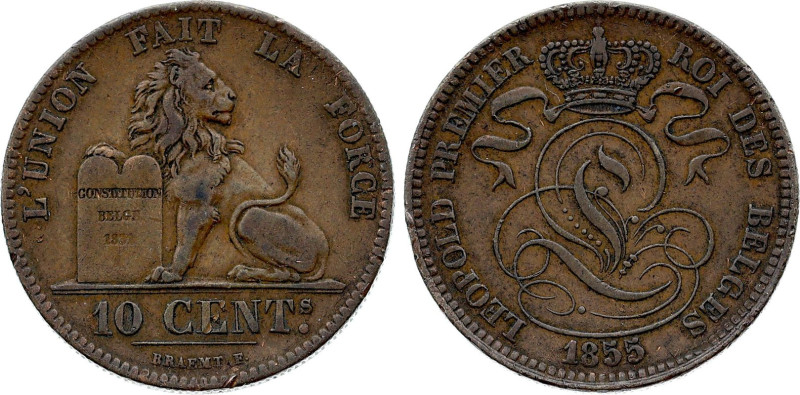 Belgium - Leopold I (1831-1865), 10 Centimes 1855 (Brussels mint) (Copper, 20.17...