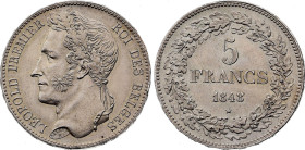 Belgium - Leopold I (1831-1865), 5 Francs 1848 (Brussels mint) (Silver, 25.05 gr, 37 mm). Dupriez 375, KM 3. Extremely Fine, Traces of old cleaning.