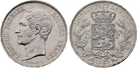 Belgium - Leopold I (1831-1865), 5 Francs 1865 (Brussels mint) (Silver, 25.00 gr, 37 mm). Bogaert 928A, KM 17. Extremely Fine, Traces of old cleaning.