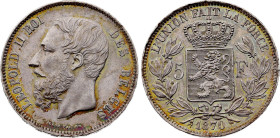 Belgium - Leopold II (1865-1909), 5 Francs 1870 (Brussels mint) (Silver, 25.08 gr, 37 mm). Dupriez 1118, KM 24. Uncirculated.