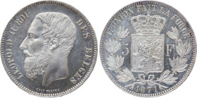 Belgium - Leopold II (1865-1909), 5 Francs 1871 (Brussels mint) (Silver, 25.00 gr, 37 mm). Dupriez 1131, KM 24. Uncirculated, Prooflike, with tiny obv...