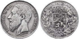 Belgium - Leopold II (1865-1909), 5 Francs 1867, Large head (Silver, 24.78 gr, 37 mm). Bogaert 1074B, KM 25. Very Fine.