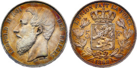 Belgium - Leopold II (1865-1909), 5 Francs 1868, Large head (Silver, 24.84 gr, 37 mm). Dupriez 1092, KM 25. Very Fine, Retoned.