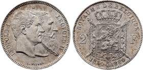 Belgium - Leopold II (1865-1909), 2 Francs 1880 (Silver, 10.00 gr, 27 mm). Dupriez 1219, KM 39. Uncirculated.