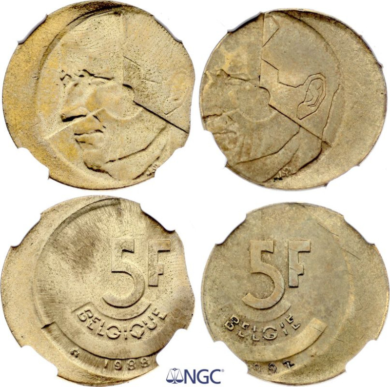 Belgium - Error 5 Francs 1987 and 1988. NGC MS64

Struck off center, cupped. Dou...