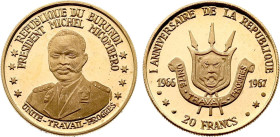 Burundi - Republic (1966-date), Proof 20 Francs 1967 (Gold, 6.40 gr, 21 mm). KM 12. Proof Uncirculated.

Only 2000 minted.