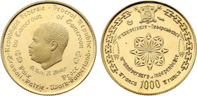 Cameroon - Republic (1960-date), Proof 1000 Francs 1970 (Paris mint) (Gold, 3.50 gr, 20 mm). KM 18. Proof Uncirculated.