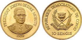 Congo Democratic Republic (DRC) - Republic (1964-1971), Proof 10 Sengis 1970 (Valcambi mint) (Gold, 3.20 gr, 20 mm). KM 10. Proof Uncirculated.