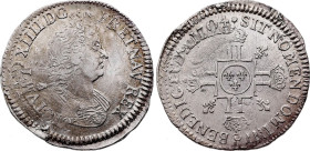France - Louis XIV (1643-1715), 1/2 Ecu 1704 P (Dijon mint) (Silver, 13.05 gr, 37 mm). Ciani 1925, Duplessy 1552, Gadoury 194. Extremely Fine.