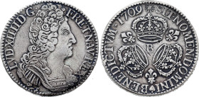 France - Louis XIV (1643-1715), Ecu 1709 B (Rouen mint) (Silver, 30.23 gr, 41 mm). Ciani 1937, Duplessy 1568, Gadoury 229. Very Fine, Traces of old cl...