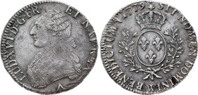 France - Louis XV (1715-1774), Ecu 1779 W (Lille mint) (Silver, 29.26 gr, 40 mm). Ciani 2187, Duplessy 1708, Gadoury 356. Extremely Fine.

Erratum: ...