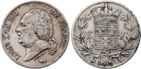 France - Louis XVIII (1815-1824), 5 Francs 1819 I (Limoges mint) (Silver, 24.44 gr, 37 mm). Le Franc 309, Gadoury 614, KM 711. Fine.