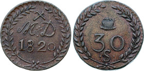 France - Louis XVIII (1815-1824), Aniche mines, 30 Sols 1820 (Copper, 10.80 gr, 29 mm). Mazard 779. Extremely Fine.