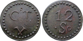 France - Louis XVIII (1815-1824), Aniche mines, 12 Sols (circa 1820) (Copper, 7.22 gr, 26 mm). Mazard 780. Very Fine.